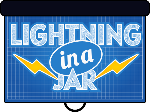 Stillisierte Darstellung einer ausrollbaren Leinwand auf dem ein Blueprint projeziert wird. Auf diesem steht “Lightning In A Jar” und wird von zwei Blitzen geziert.